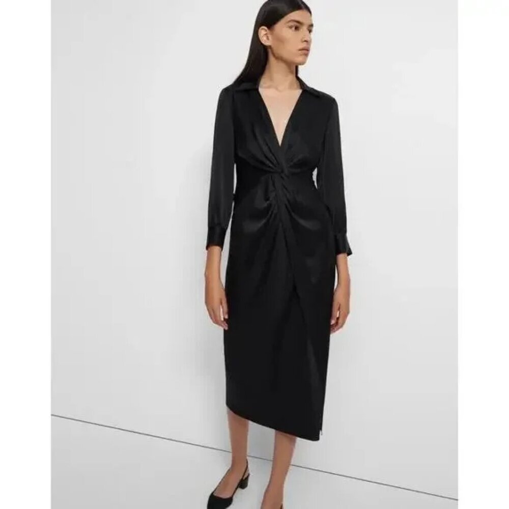 Theory Twist Black Soft Satin Midi Long Sleeve Collared Dress 10 NEW NWT Party
